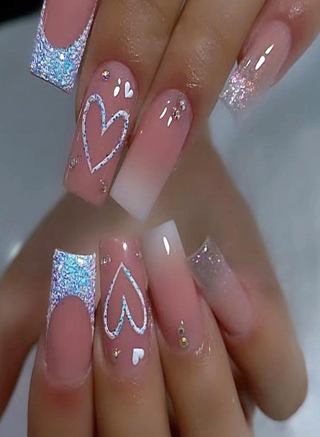 Vopintpy Blue Glitter French Tip Heart Glossy Gradient False Nails with Rhinestones - Reusable Stick on Nails - Medium Square Set - Image 1